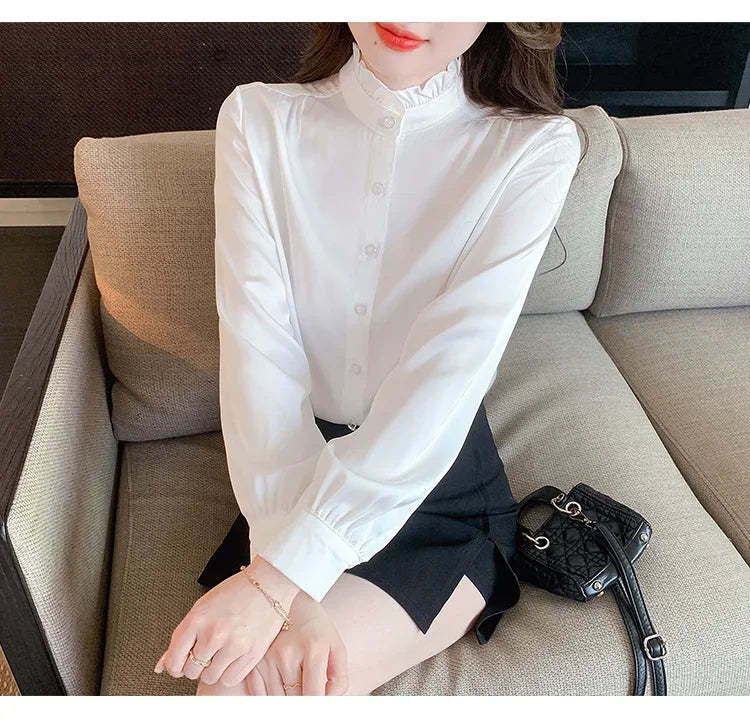 Women's Elegant Long Sleeve Chiffon Blouse with Stand Collar Lightweight White Shirt Top