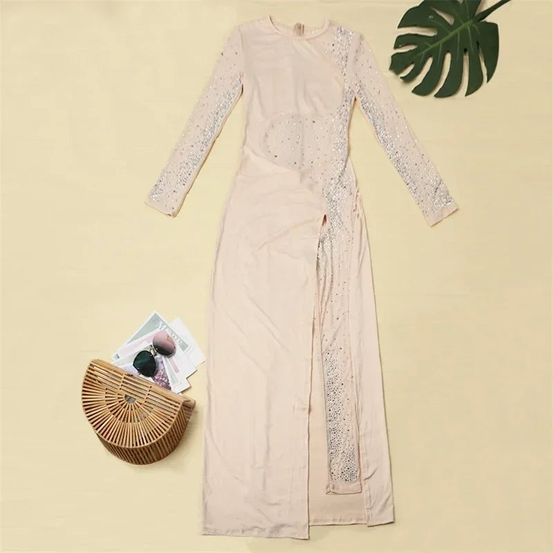 Elegant Rhinestone Long Sleeve Sheer Mesh Patchwork Skinny Jumpsuit Women's Luxury Night Party Club Romper Overalls Birthday Outfit