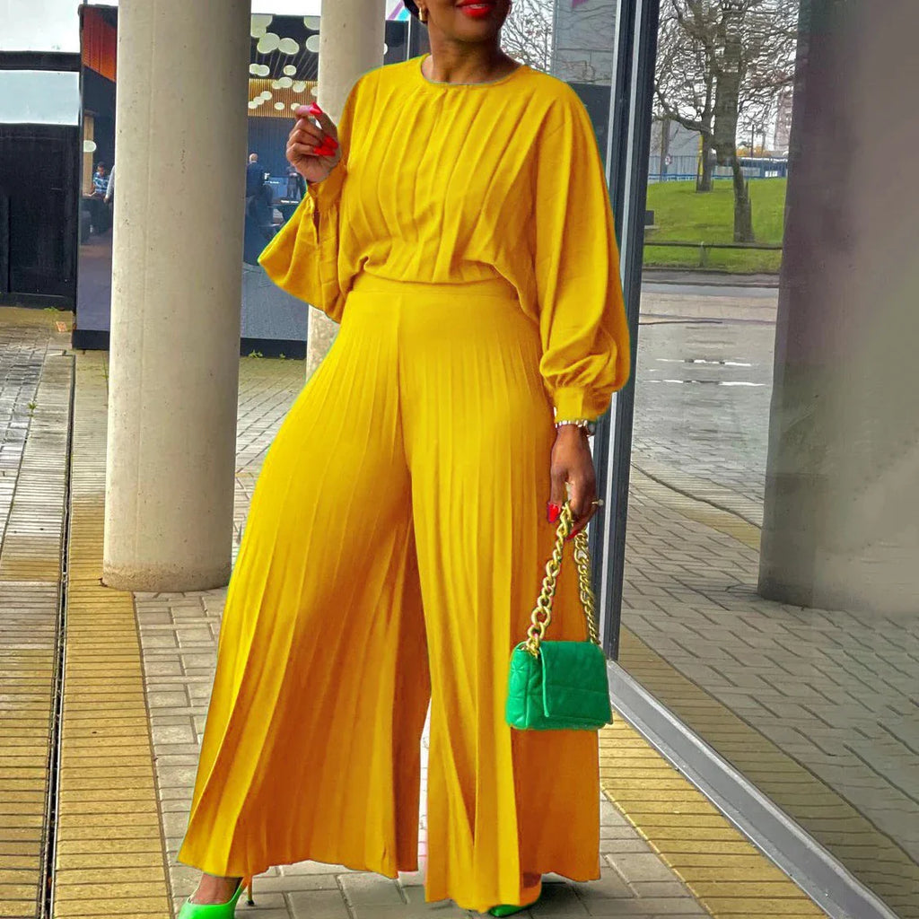 Elegant 2 Piece Women's Outfit with O Neck Blouse and High Waisted Wide Leg Pants Set