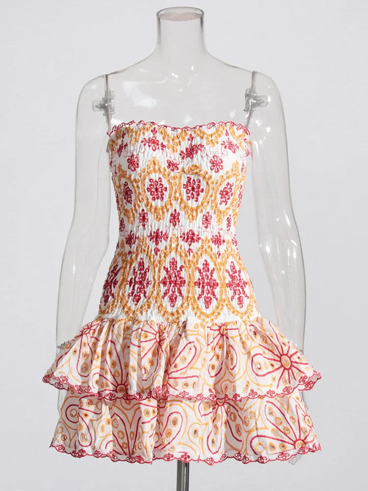 Embroidery Print Strapless Mini Dress Ruffled High Waist