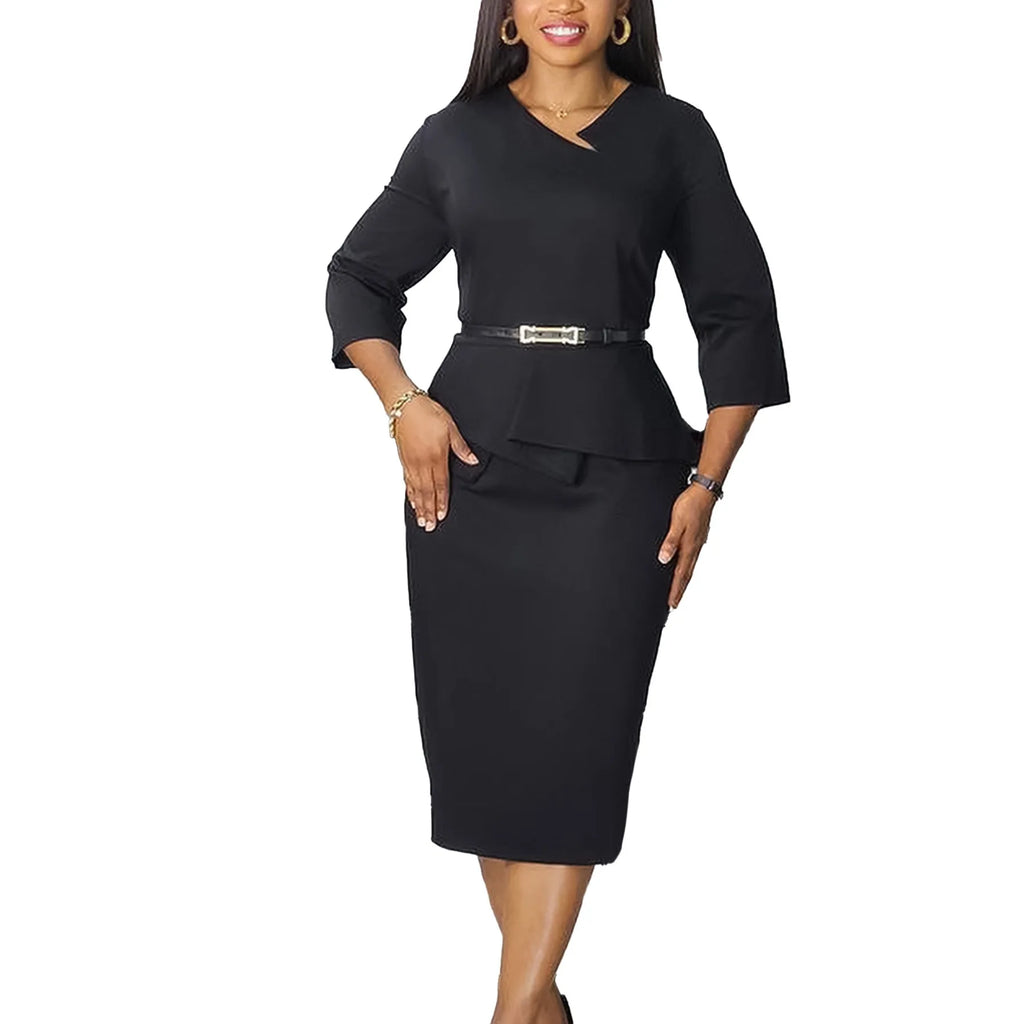 Women's Office Dress Sheath Belted Mid Calf Formal Wear