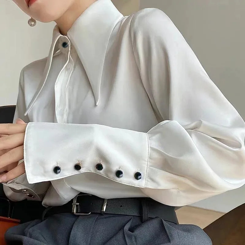 Elegant Turn Down Collar Satin Silk Blouse Vintage Button Closure White Lantern Sleeve Office Lady Shirt Chic Feminine Top