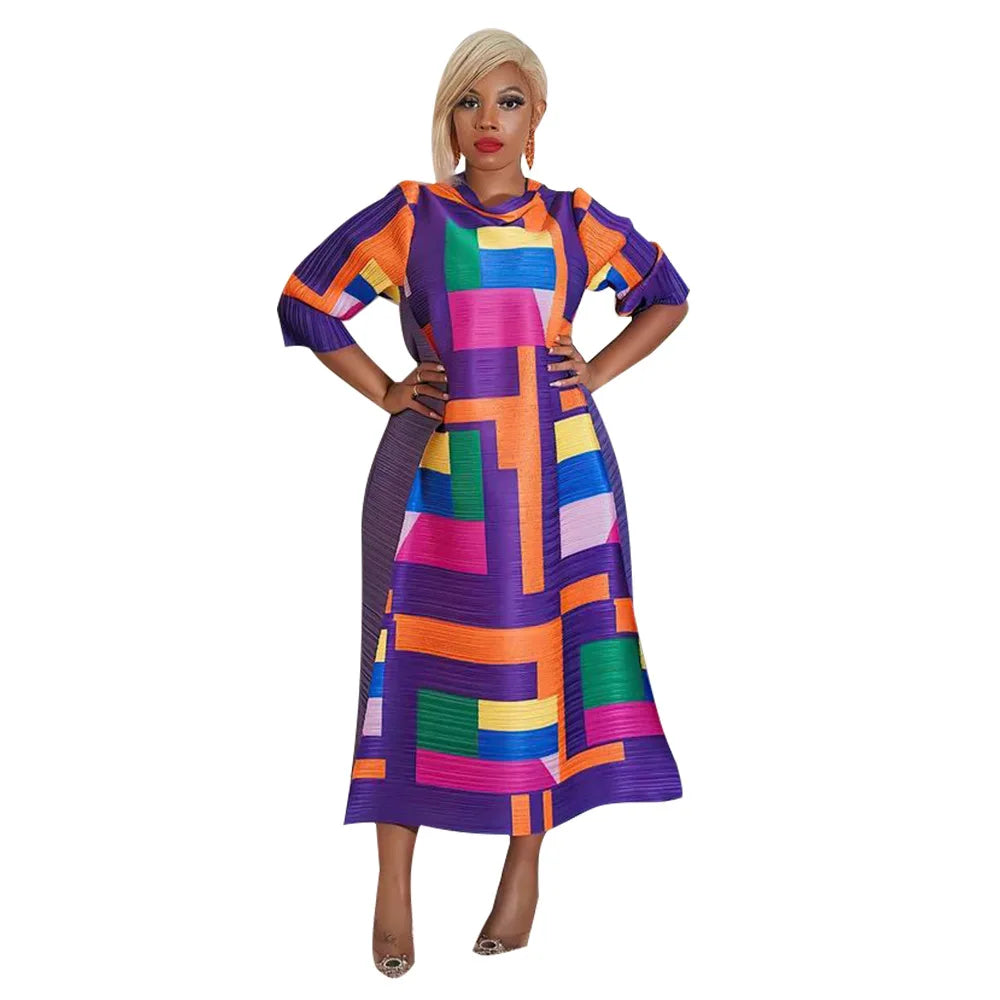 Leaf Print Pleated Boho Maxi Dress for Women Casual Beach