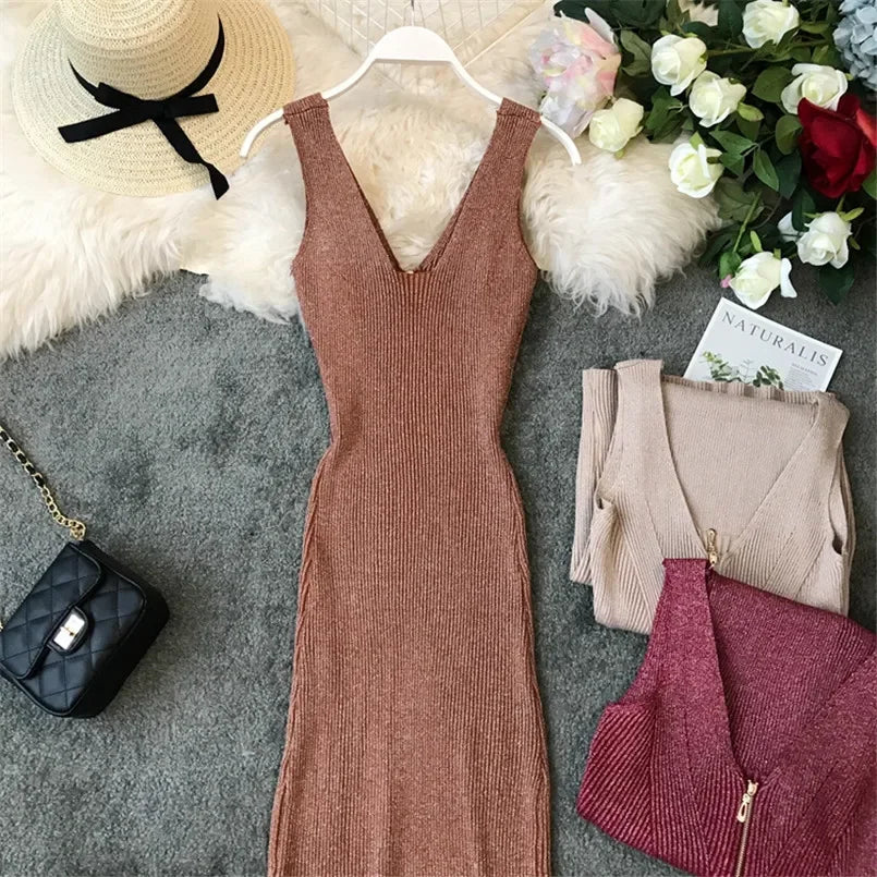 Sexy Zipper V Neck Knit Bodycon Midi Dress For Summer