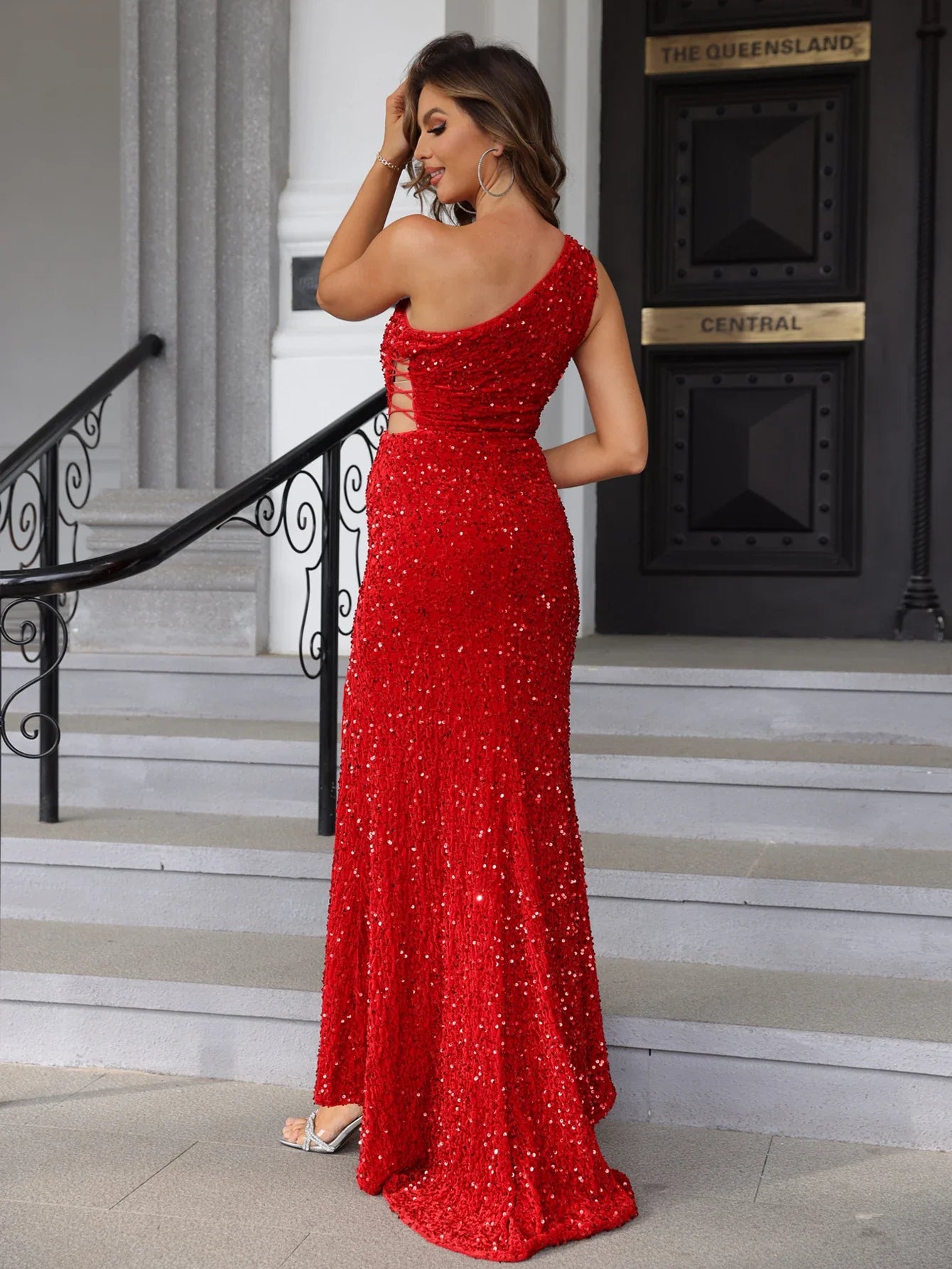 One Shoulder Sequin Dress Maxi Gown For Evening Party