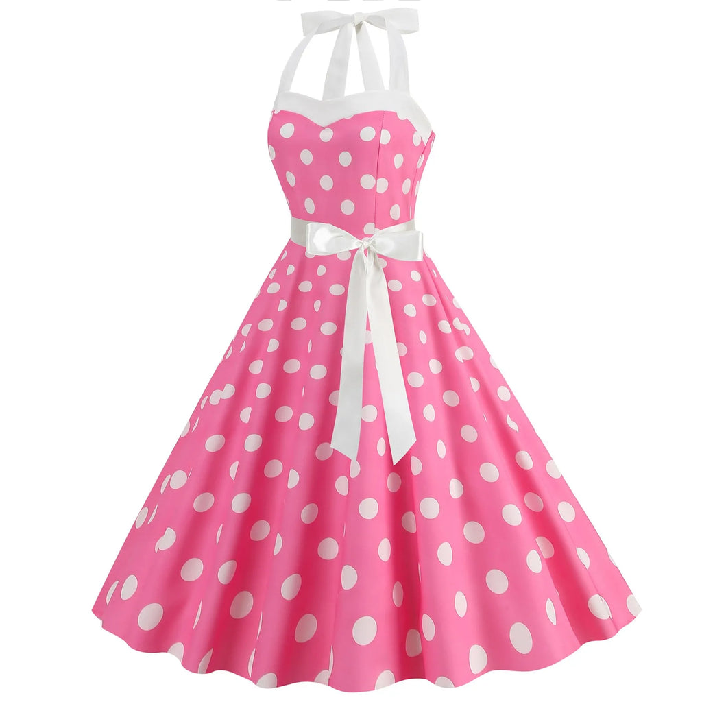 Ladies Vintage Polka Dot Backless Lace Up Swing Dress
