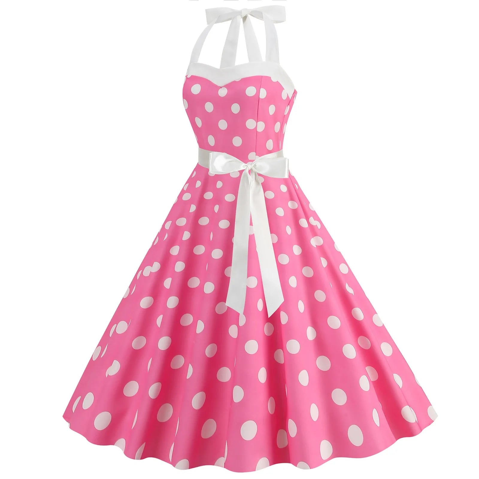 Ladies Vintage Polka Dot Backless Lace Up Swing Dress