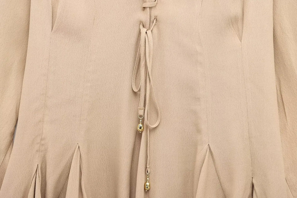 Womens Lace Up Mini Dress With Flared Sleeves Pleated