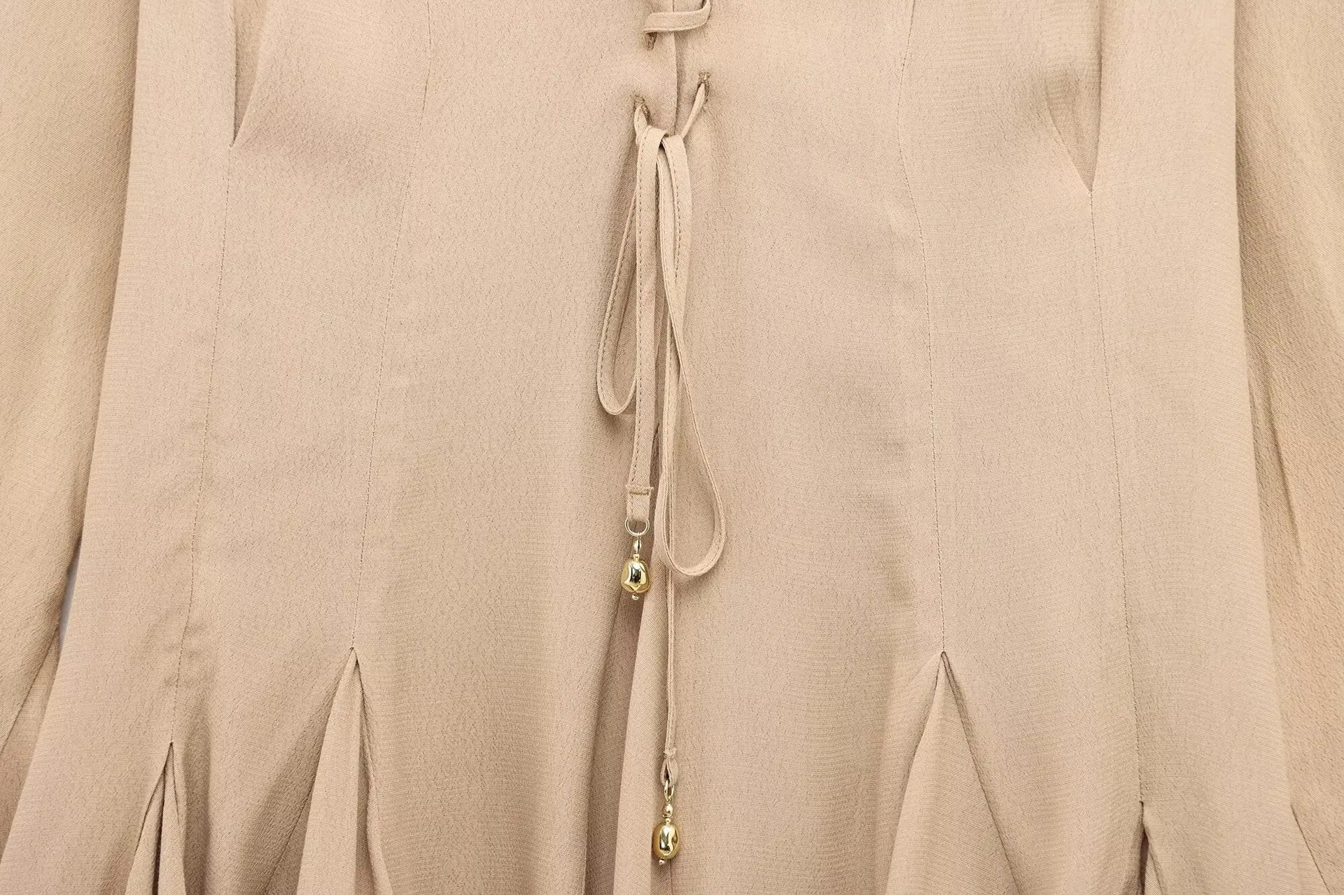 Womens Lace Up Mini Dress With Flared Sleeves Pleated