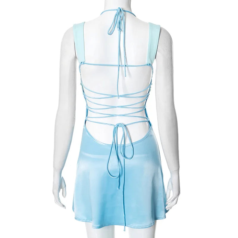 Y2K Style Backless Halter Summer Dress Lace Up Mini Dress