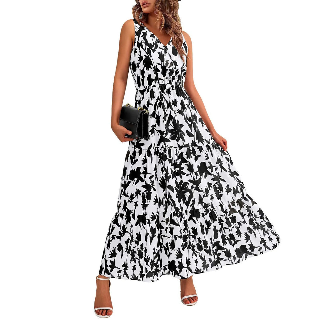 Floral Summer Dress With V Neck Suspender Flowing Fit