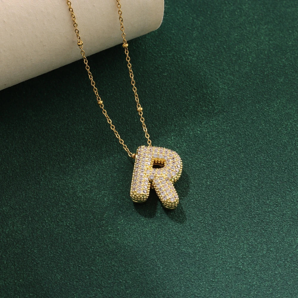 Luxury Zircon Crystal Initial Necklace for Women Stainless Steel Choker Chain Jewelry