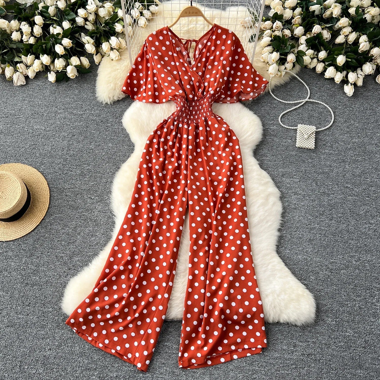 Polka Dot Romper Jumpsuit Women V Neck High Waist Wide Leg