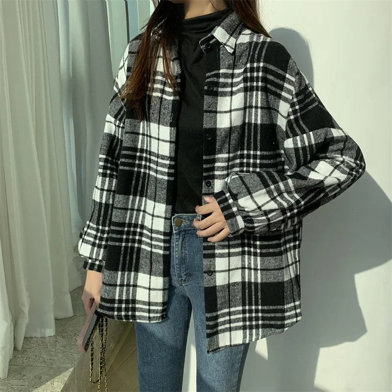 Women's Oversized Plaid Flannel Shacket Button Down Long Sleeve Check Shirt Jacket Cozy Fall Winter Layering Top