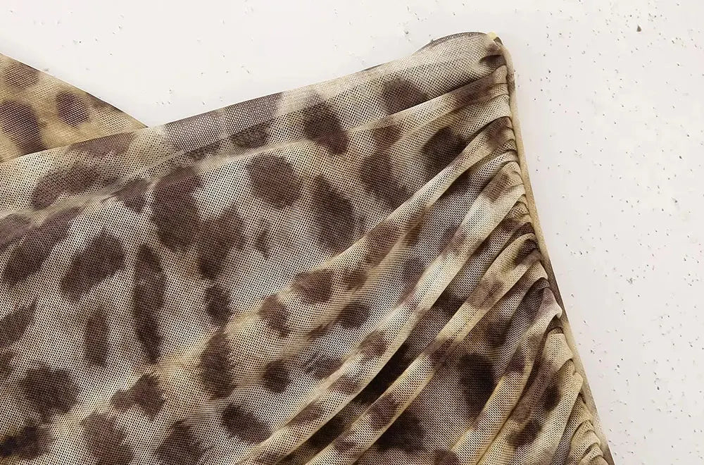 Strapless Leopard Print Tulle Draped Bustier Top with High Waist Long Skirt Two-Piece Set for Women Sexy Evening Outfit