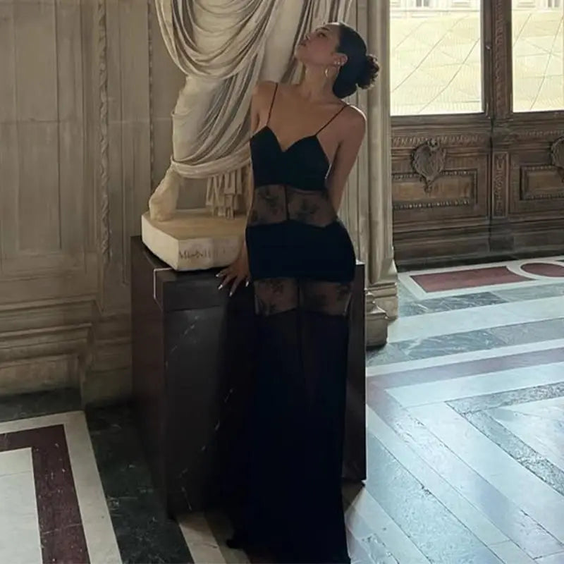 Black Backless Lace Maxi Dress For Women See Through