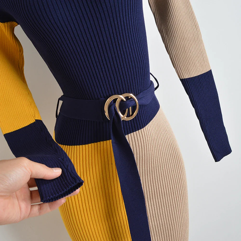 Fall Winter Knit Wrap Dress With Belt Long Sleeve Pencil
