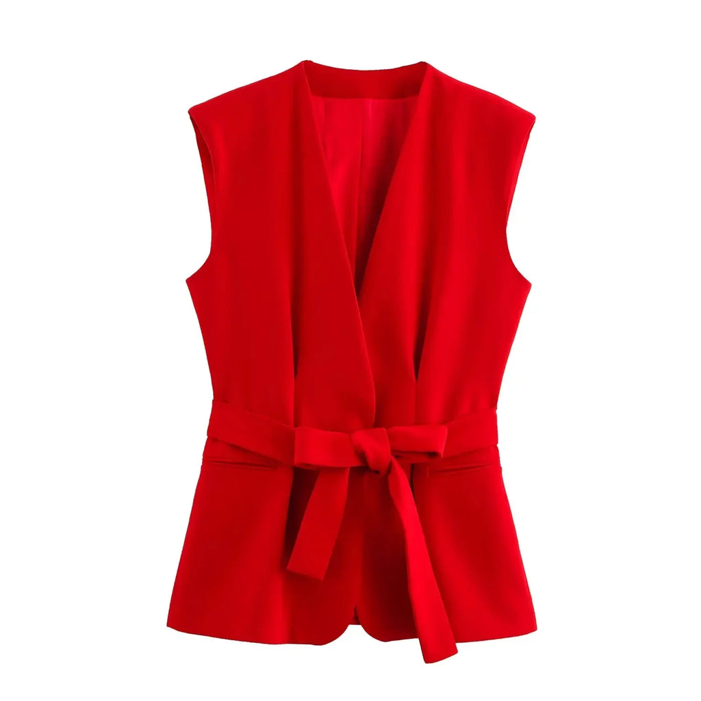 Chic Red Sleeveless Blazer and High Waist Wide Leg Pants Set for Office Ladies with V Neck and Sashes