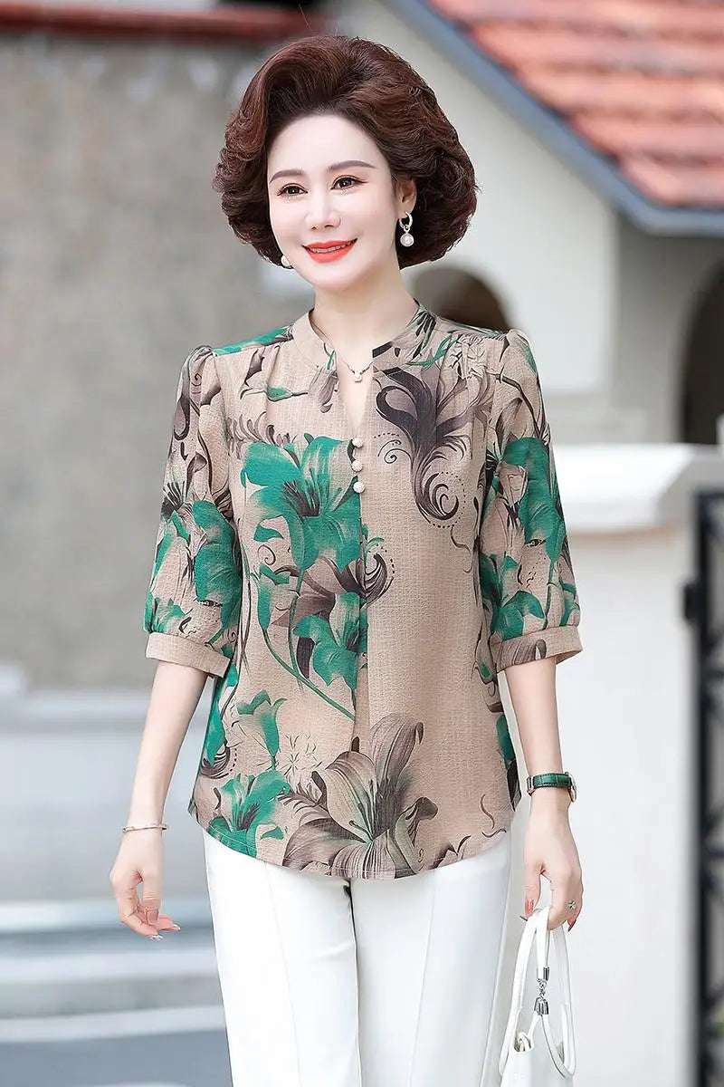 Summer Vintage Floral Blouse for Women Single-Breasted Round Neck Half Sleeve Casual Shirt with Broken Flower Print