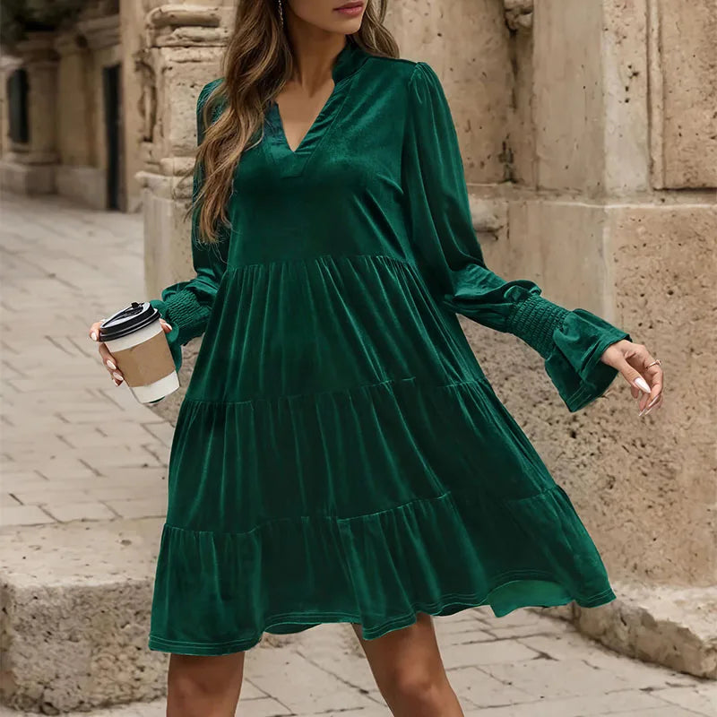 Velvet V Neck Ruffle Dress for Women Autumn Elegance