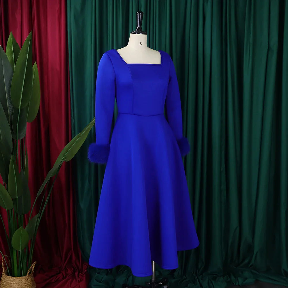 Square Neck Party Dress Women Pleated A Line Mid Calf