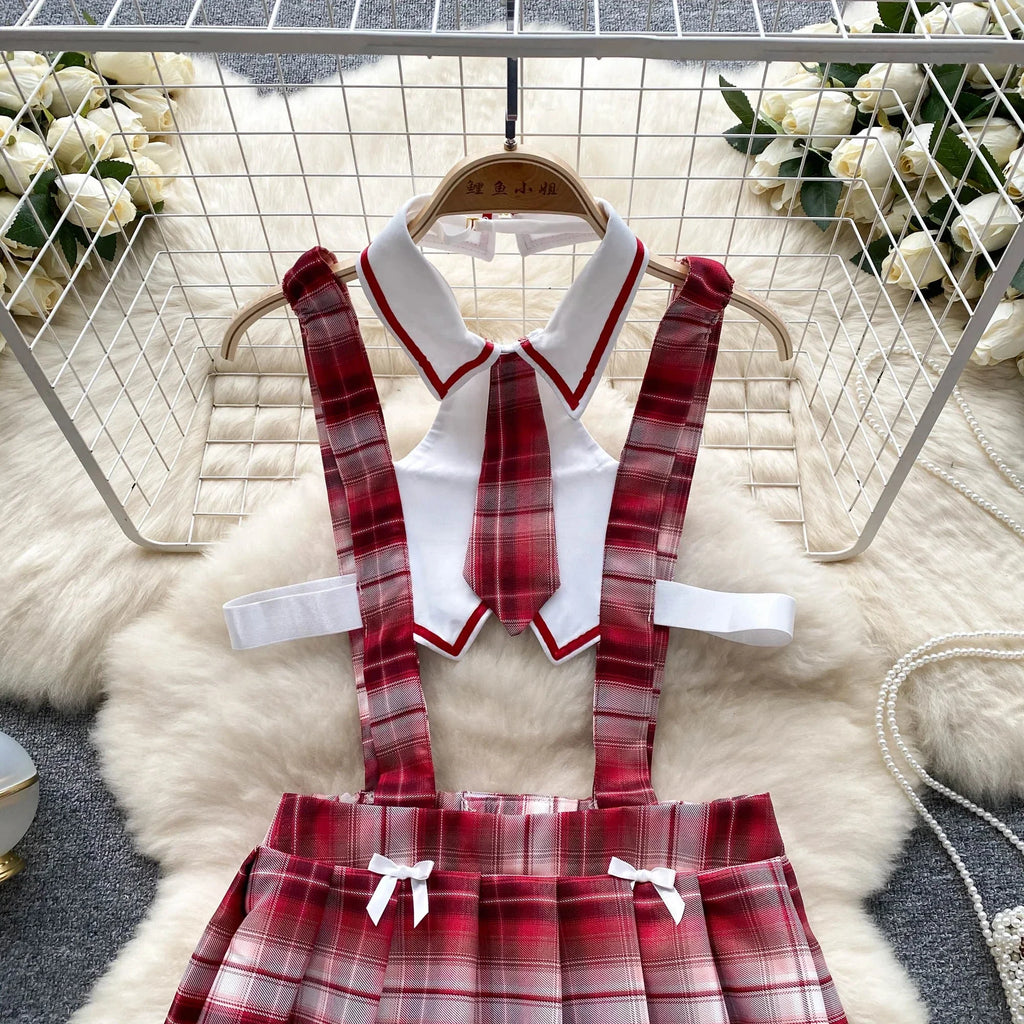 Cute Japanese JK Uniform Checkered Skirt Off Shoulder Dress