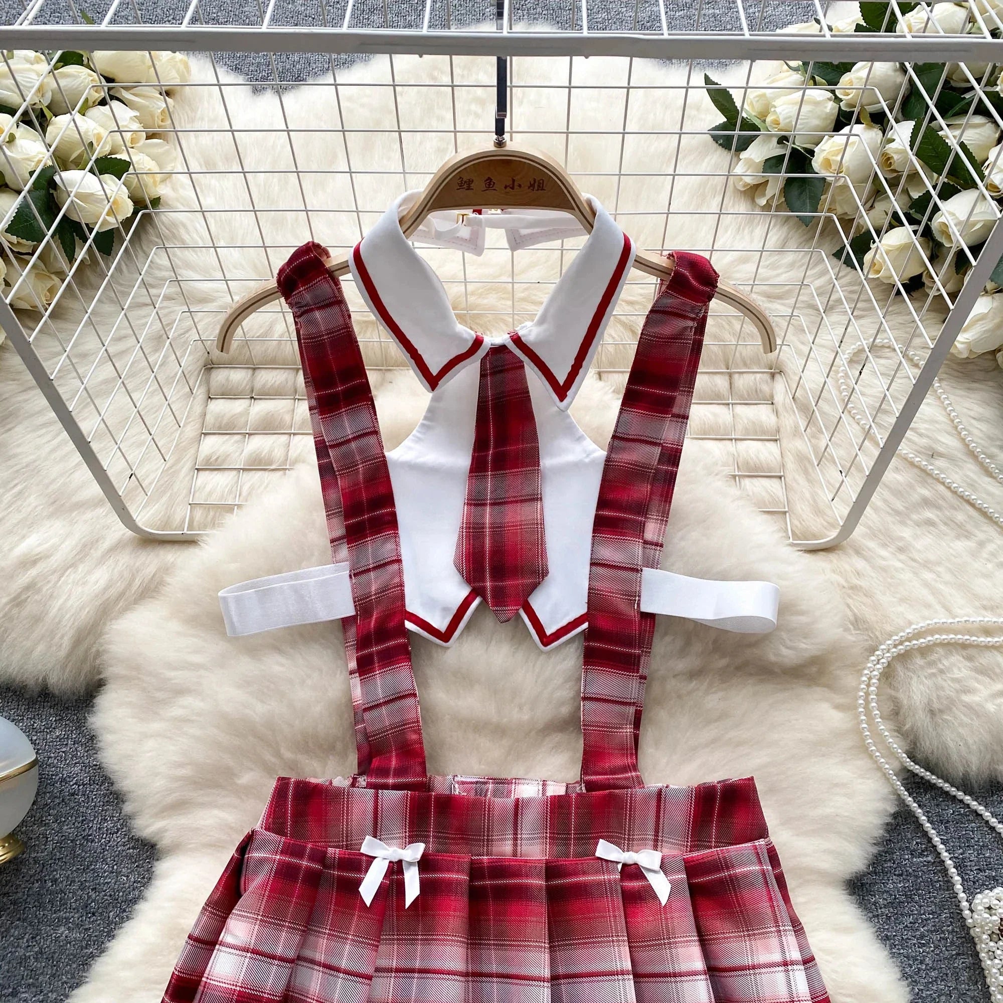 Cute Japanese JK Uniform Checkered Skirt Off Shoulder Dress