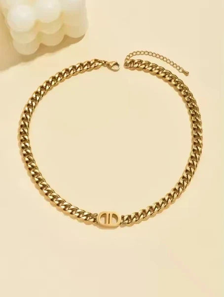 Gold Color Cuban Chain Necklace and Bracelet Set for Women with Geometric Charms