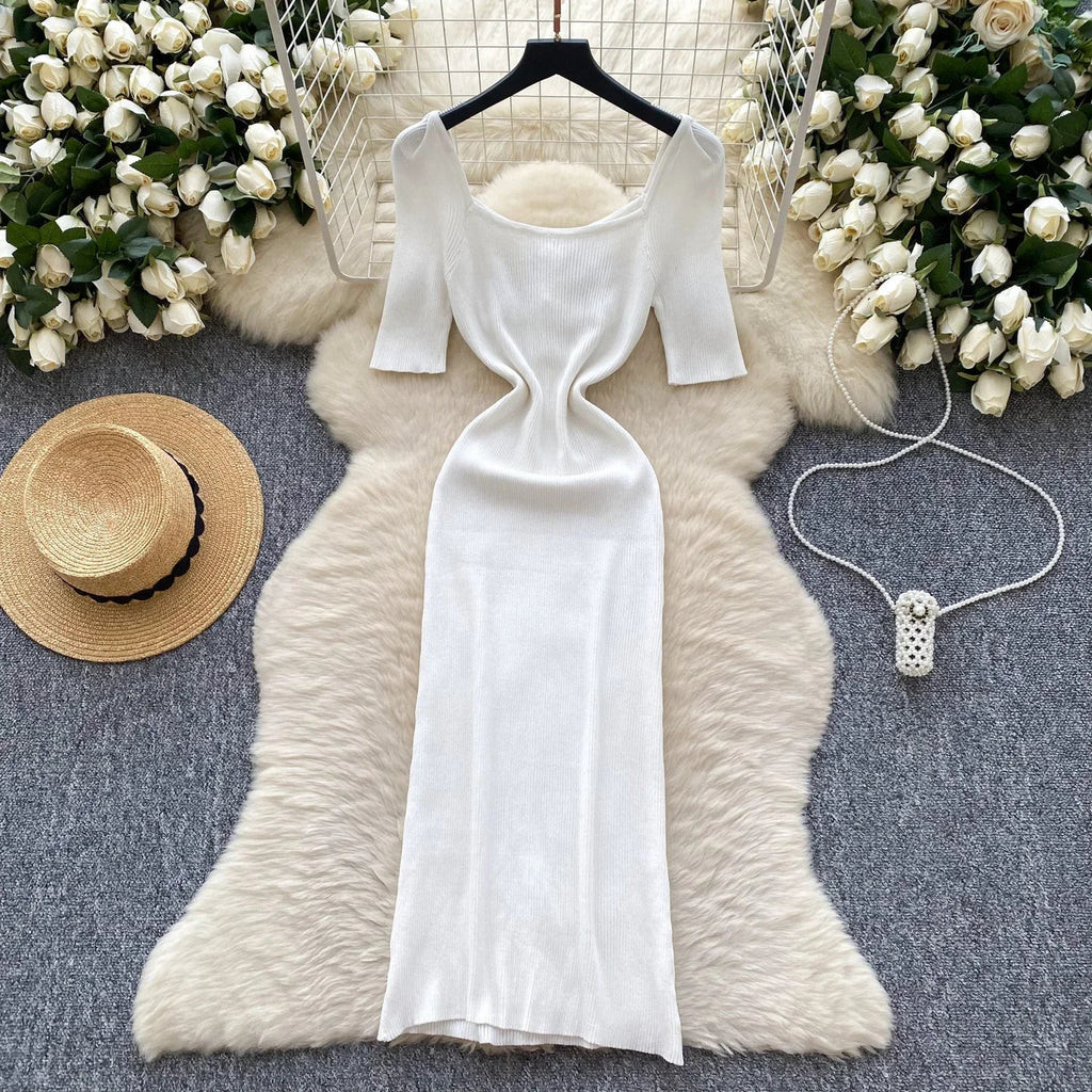 Women Square Collar Knit Dress Short Sleeve Wrap Sheath