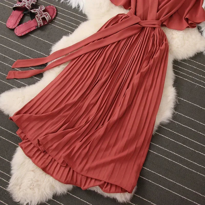Chiffon Pleated Lace Up V Neck Dress For Women Summer