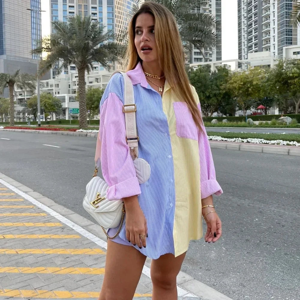 Women Casual Colorblock Striped Long Sleeve Button Up Tunic Shirt with Turn Down Collar Daily Wear Top