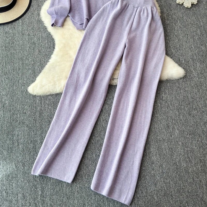 Cozy Knitted Two-Piece Women's Tracksuit Set with V-Neck Sweater and Straight Jogging Pants Autumn Winter Lounge Wear