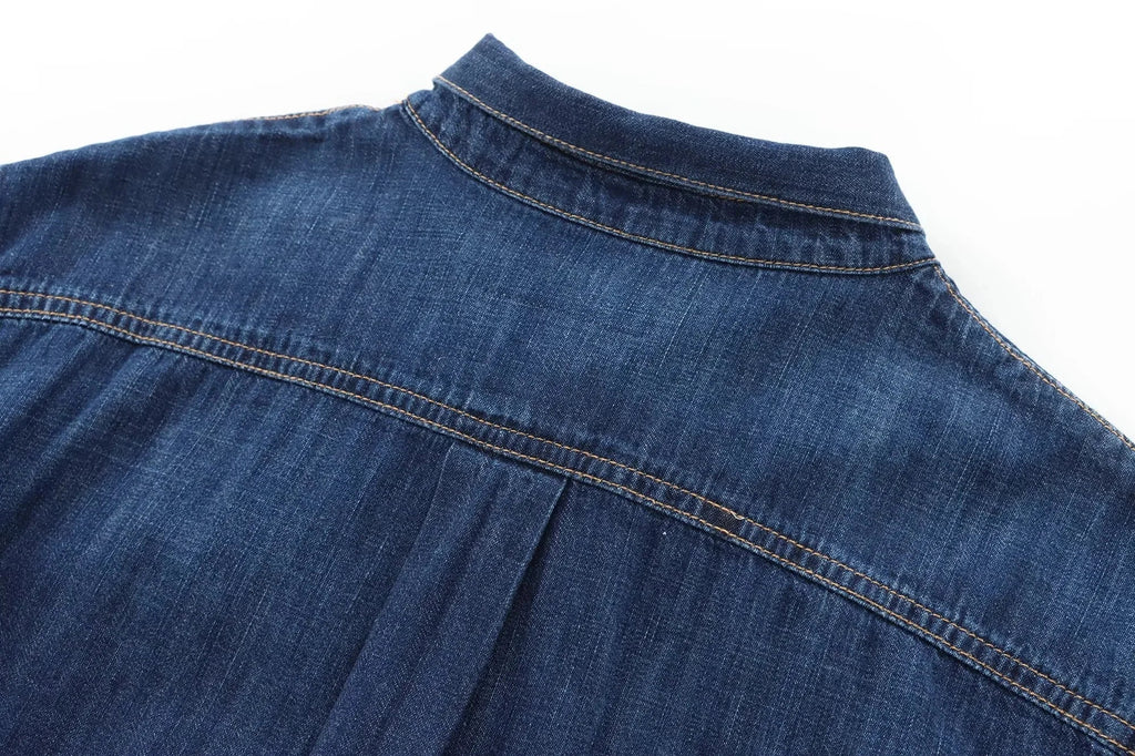 Women's Elegant Denim Shirt with Bowtie Single Breasted Casual Streetwear Autumn Winter Fashion Solid Button-Up