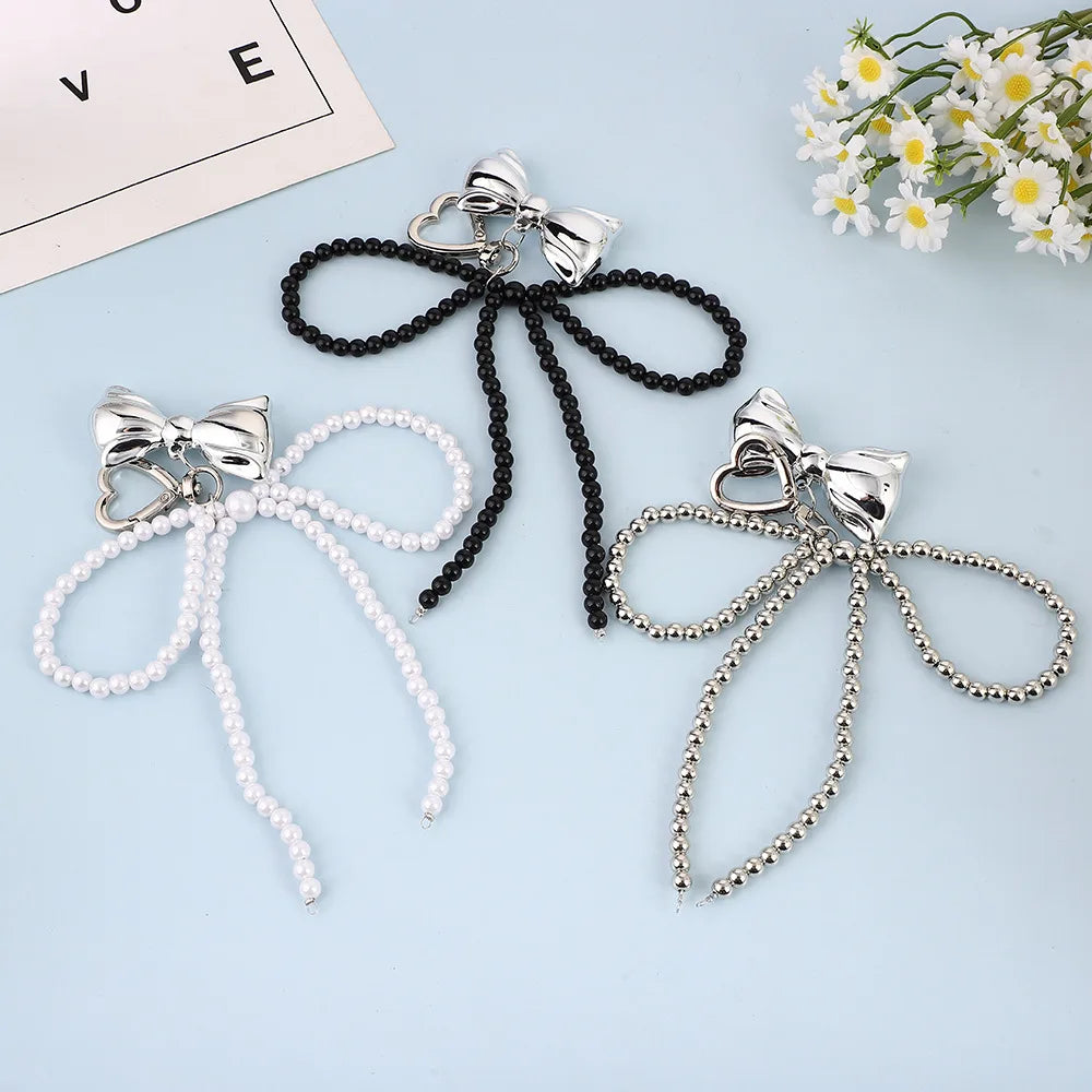 Korean Cute Beaded Pearl Bowknot Keychain for Women and Girls Metal Bow Pendant Bag Decoration Accessories