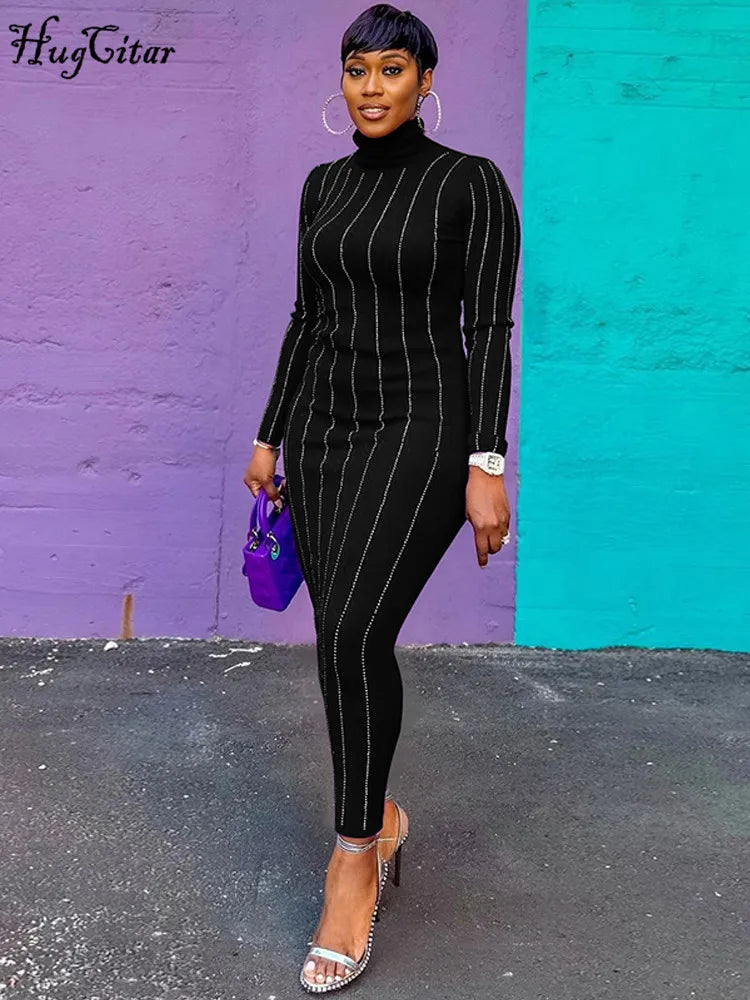 Sequined Bodycon Black Midi Dress Turtleneck Long Sleeve