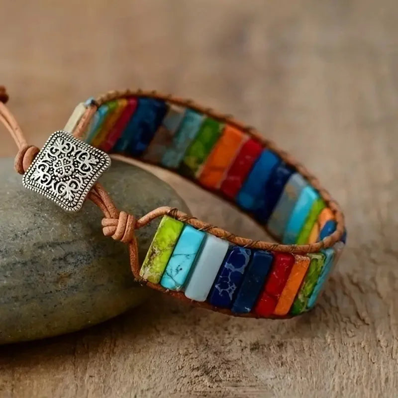 Bohemian Multicolor Chakra Healing Bracelet with Rectangular Stones and Leather Rope Woven Design