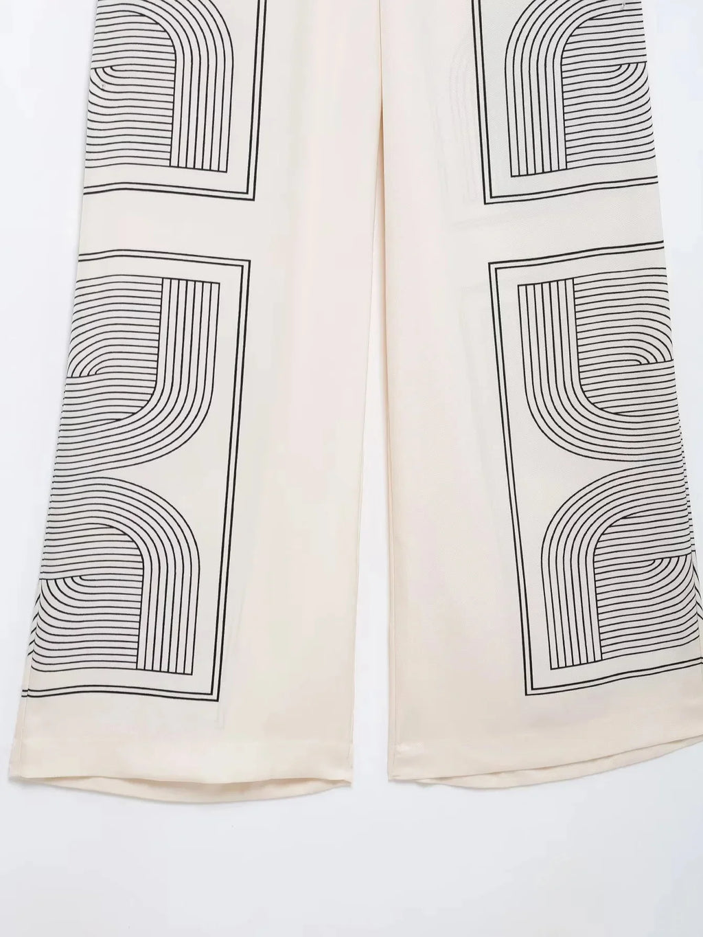 Stylish Women's Suit Set with Long Sleeve Shirt and Wide Leg Pants in Creamy Base and Geometric Patterns