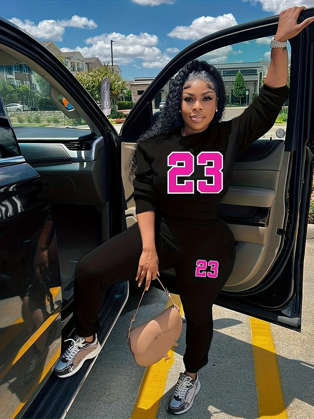 Casual Women's Two Piece Set with Kangaroo Pocket Round Neck Sweatshirt and Solid Color Long Sleeves