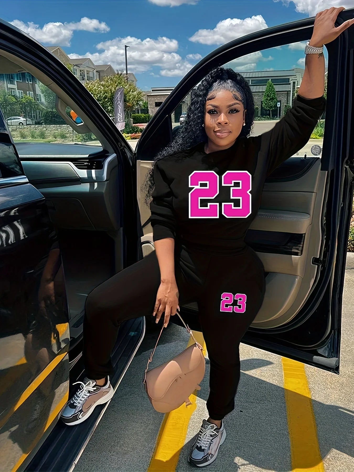 Casual Women's Two Piece Set with Kangaroo Pocket Round Neck Sweatshirt and Solid Color Long Sleeves