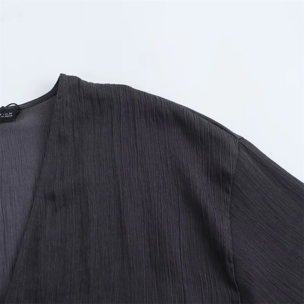 Elegant Kimono Style Women's Long Sleeve V Neck Shirt Jacket and Matching Long Pants Set with Textured Fabric and Refined Temperament