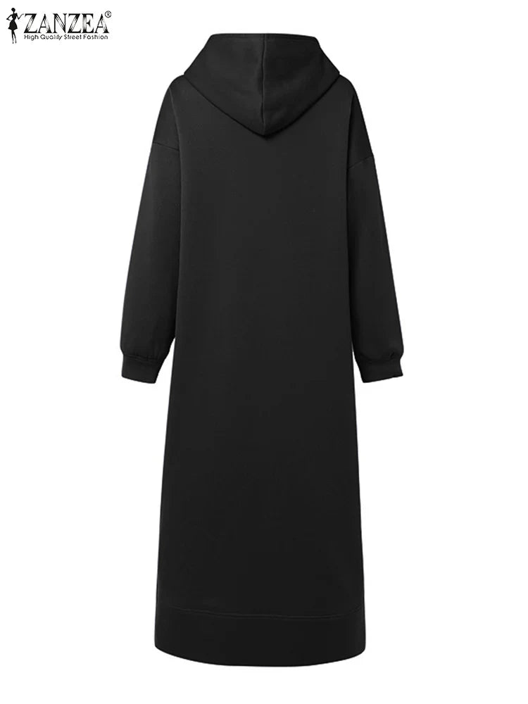 Womens Hooded Maxi Dress Boho Kaftan Robe with Pockets