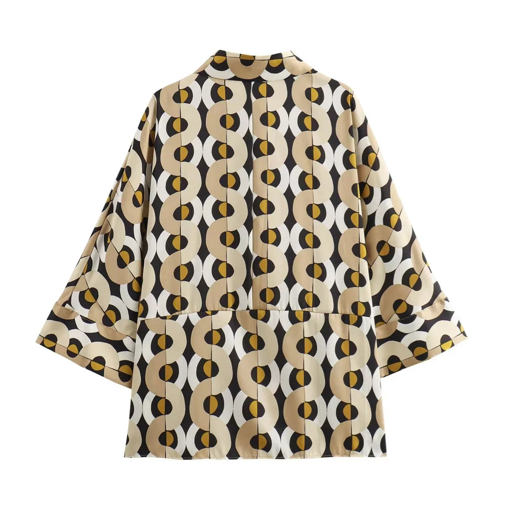 Casual Women's Fashion Geometric Printed Shirt with High Waist Straight Leg Pants Set for Sleek and Stylish Autumn Look