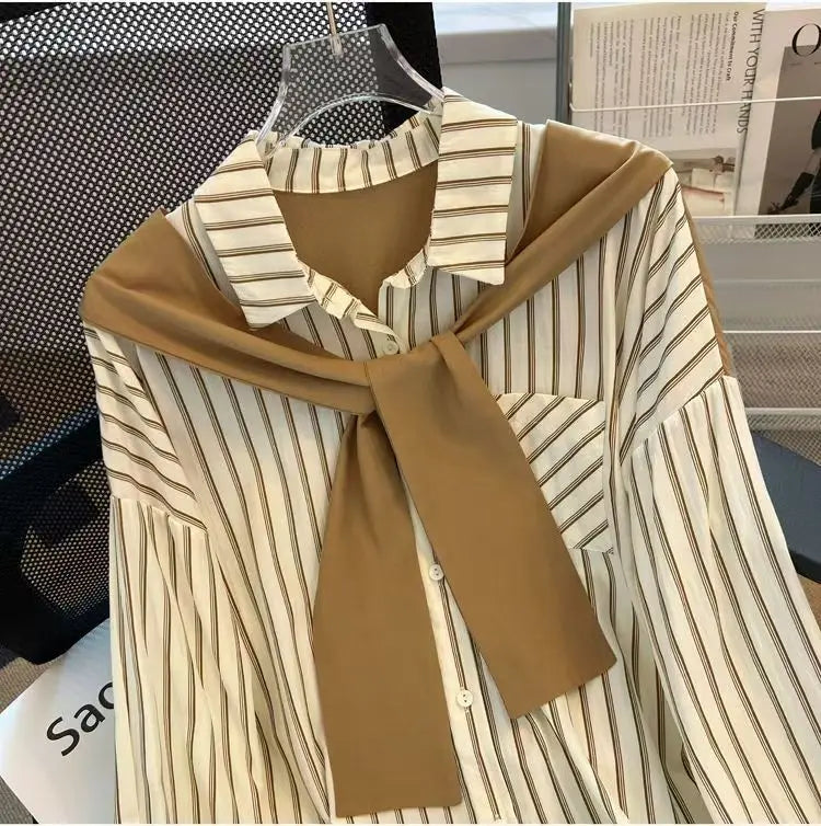 Chic Casual Fake Two Piece Long Sleeve Stripe Shirt for Women Stylish Matching Blouse Top