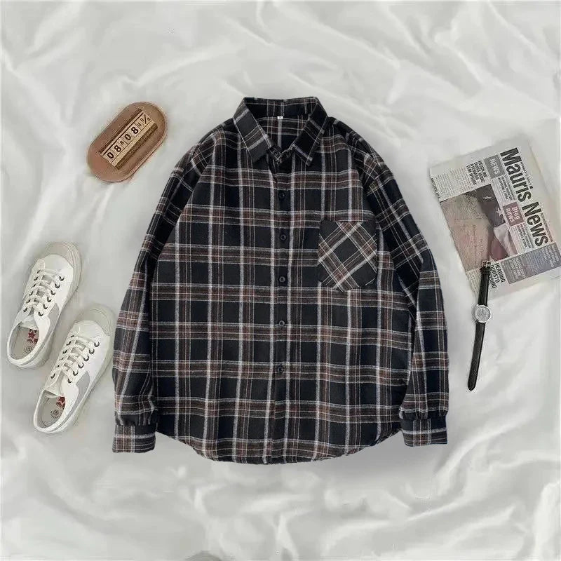 Vintage Plaid Oversize Button Up Shirt for Women Long Sleeve Casual Fall Outwear Top Blusas Mujer
