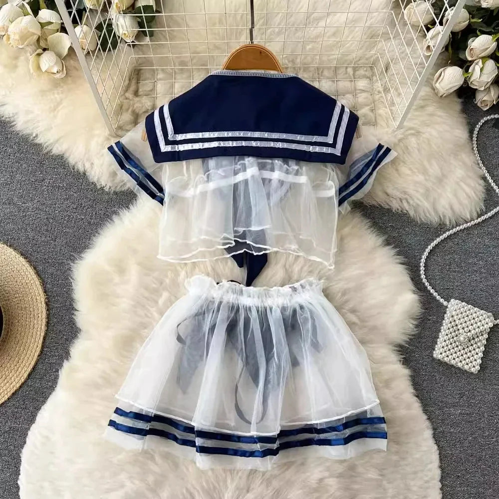 Women Sexy Sheer Transparent Sailor Suit Set Short Sleeve Top With Bow Mini Skirt Sweet Kawaii Cosplay Uniform Pajama