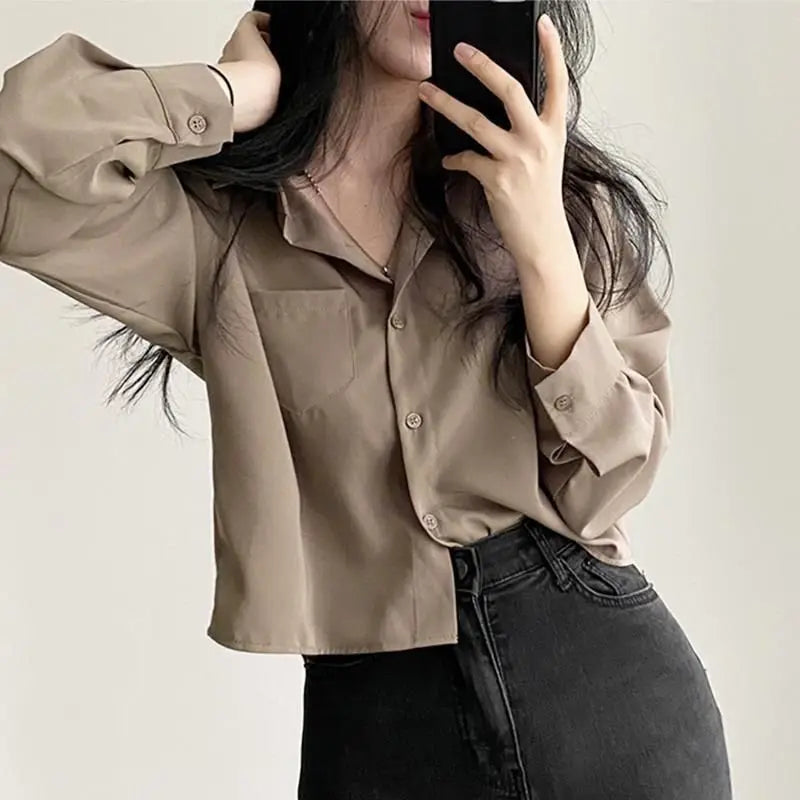 Simple Single Breasted Loose Long Sleeve Shirt Blouse Casual Elegant Solid Color Short Top