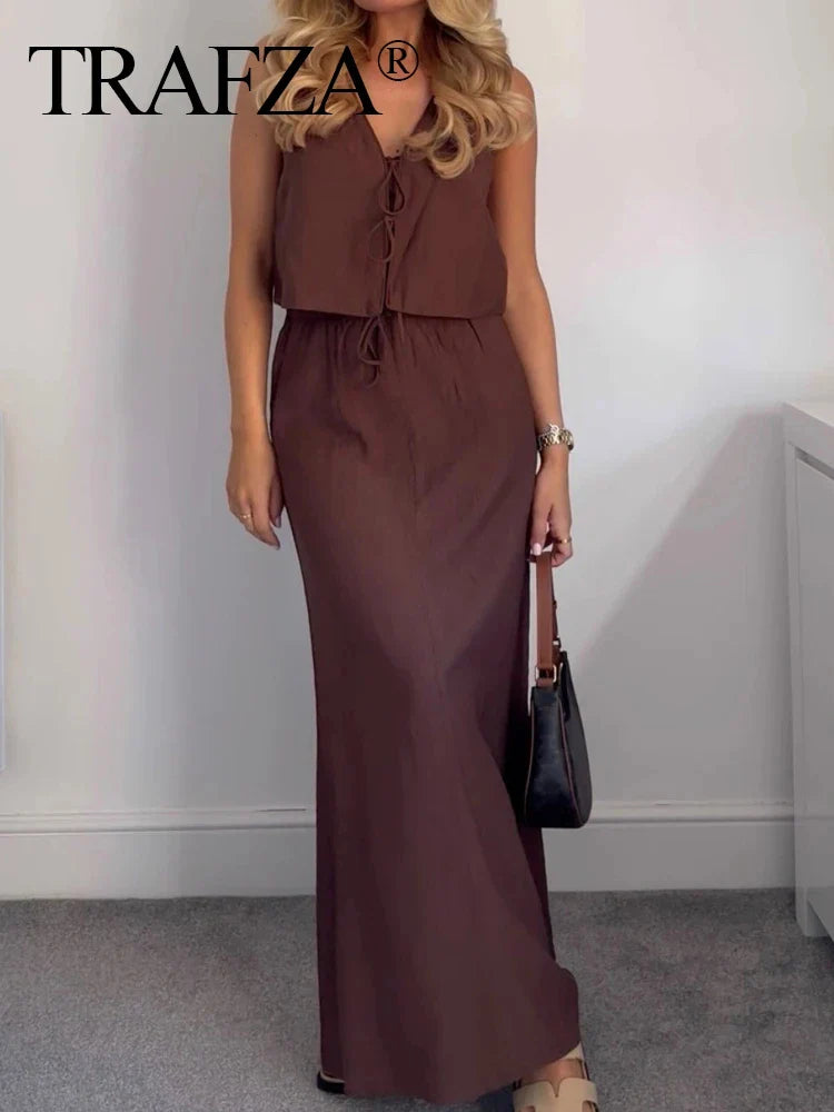 Women Textured Sleeveless Lace-Up Vest Top and High Waist Drawstring Skirt Set with Side Pockets