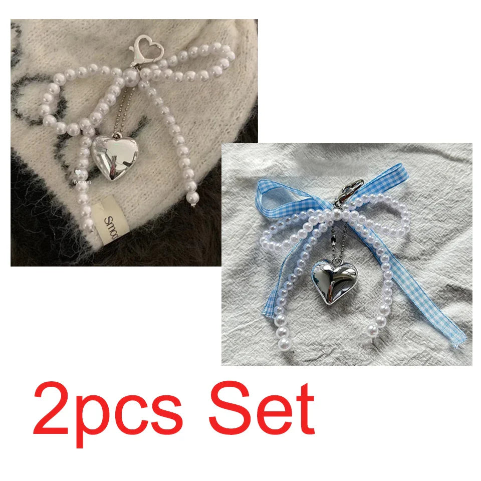 White Bowknot Heart Keychain for Women Sweet Charm Pearl Bow Backpack Key Ring Handmade Jewelry Ornament