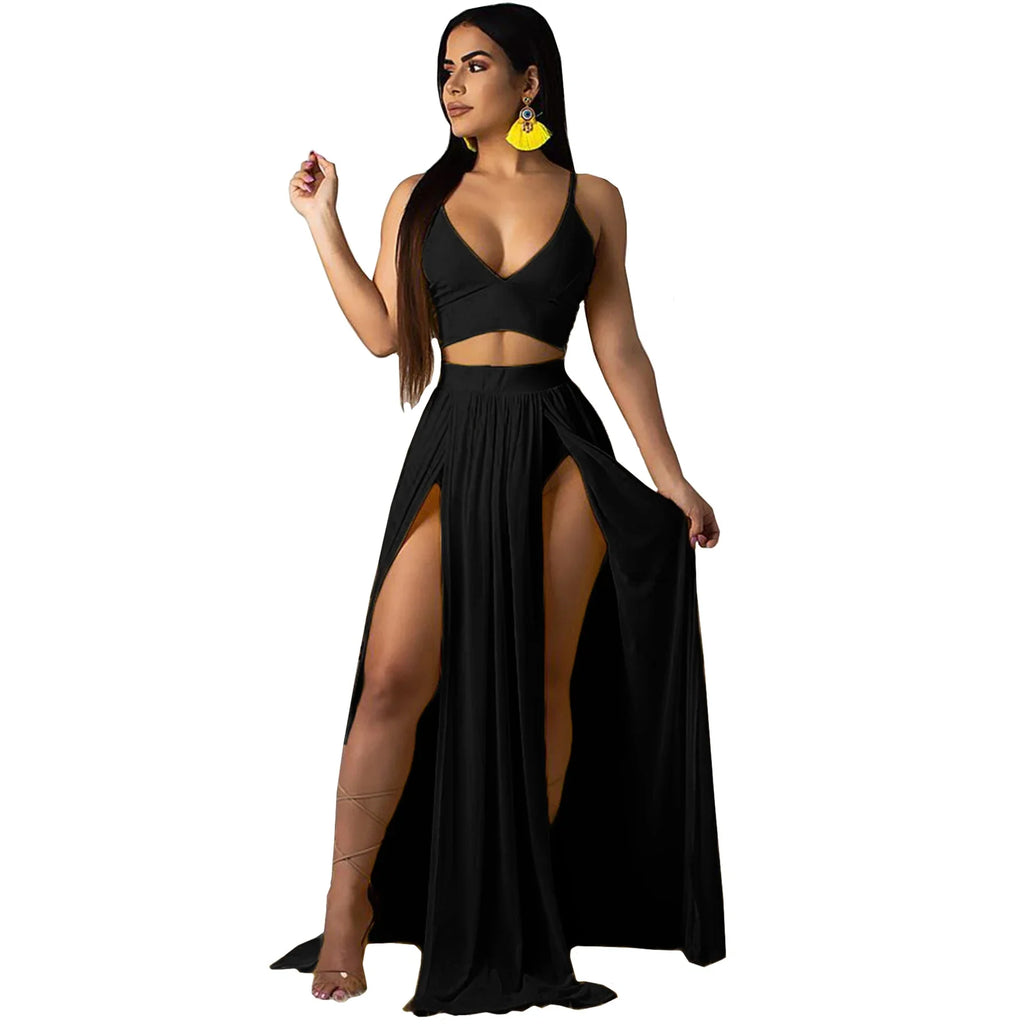 Sexy Two Piece Dress Set With Chiffon Straps V Neck