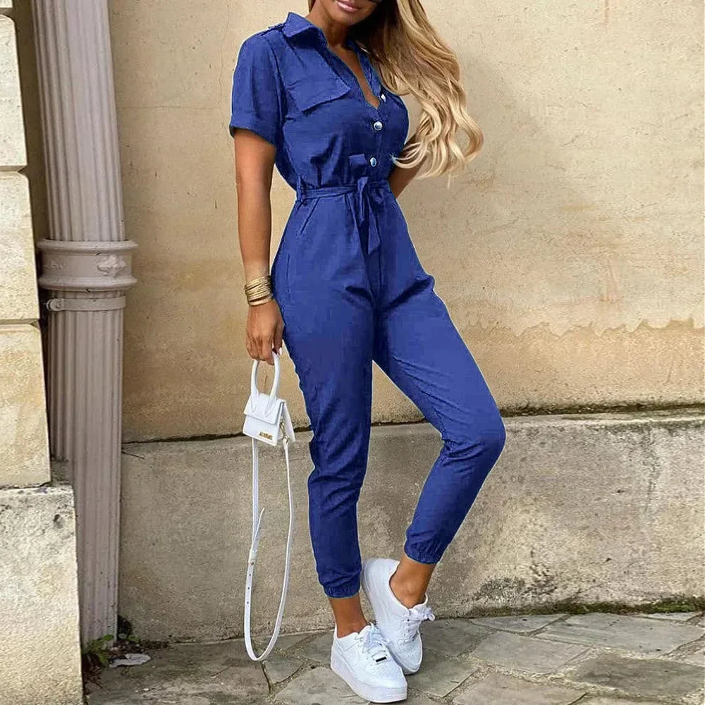 Casual Chic Overalls for Women Lapel Lace-Up Print Belted Work Jumpsuit One-Piece Bodysuit Elegant Long Sleeve Jumpsuit with Stylish Fit